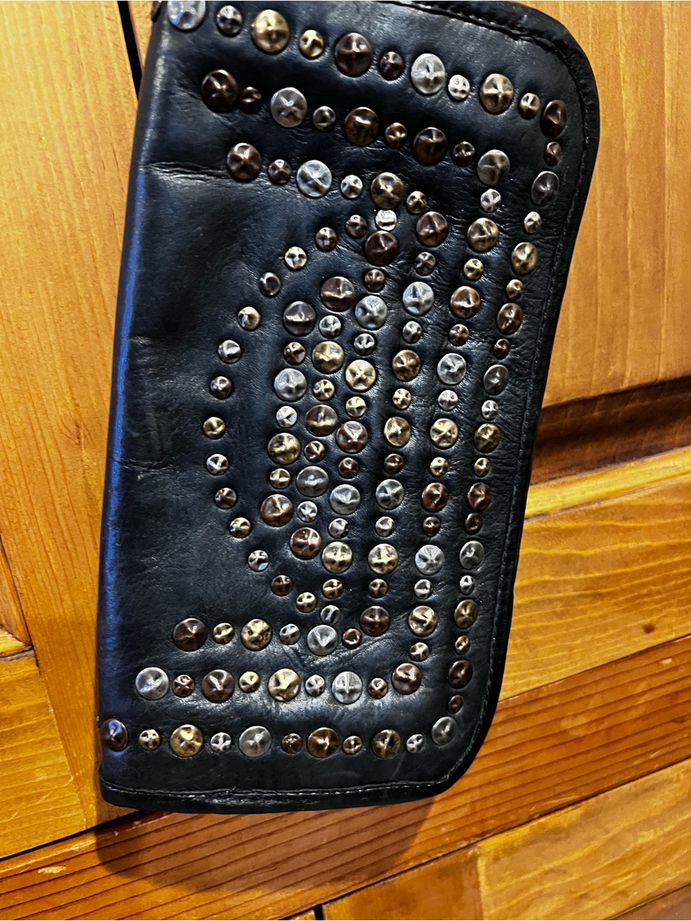 Viola Castellani Black Studded Leather Zip Wallet clutch w/ wrist loop